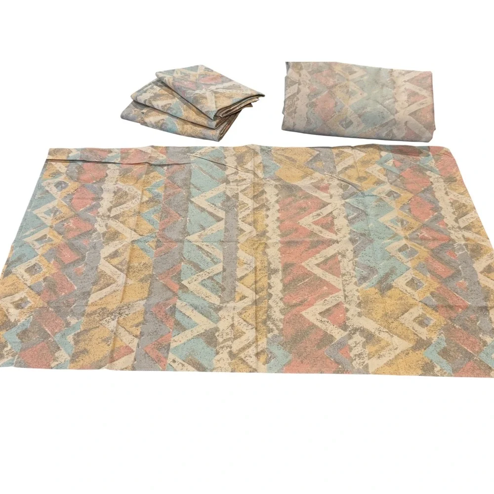 Vtg Cannon Sheet Pillowcase Set Queen Multicolor 80s Geometric Pastel Percale